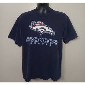 Vintage 90s Denver Broncos Men's Large NFL T-shirt Navy Blue Cotton Tee Dynasty